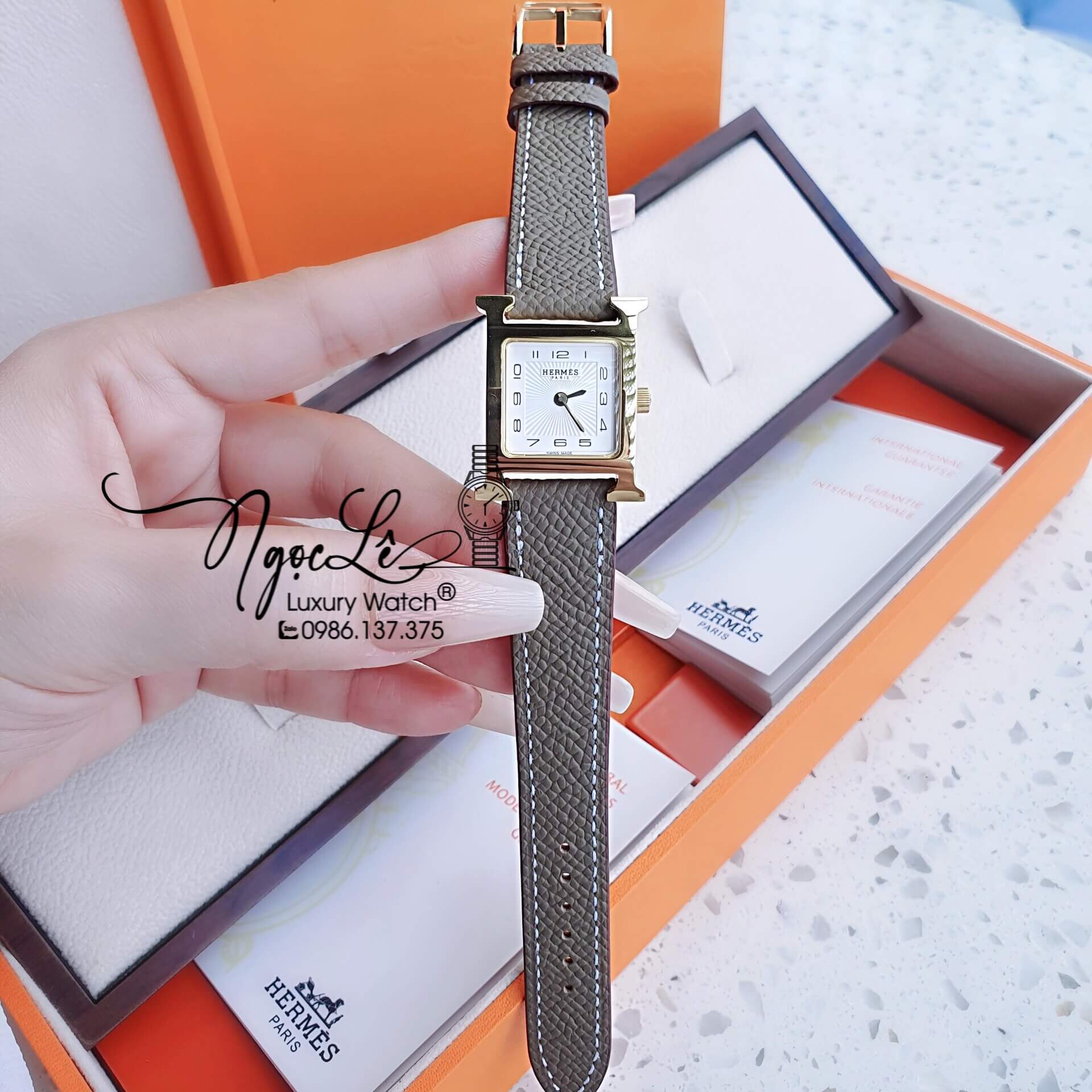 Đồng Hồ Nữ Hermes H Hour Dây Da Màu Xám Vỏ Vàng Gold Size 21x21mm