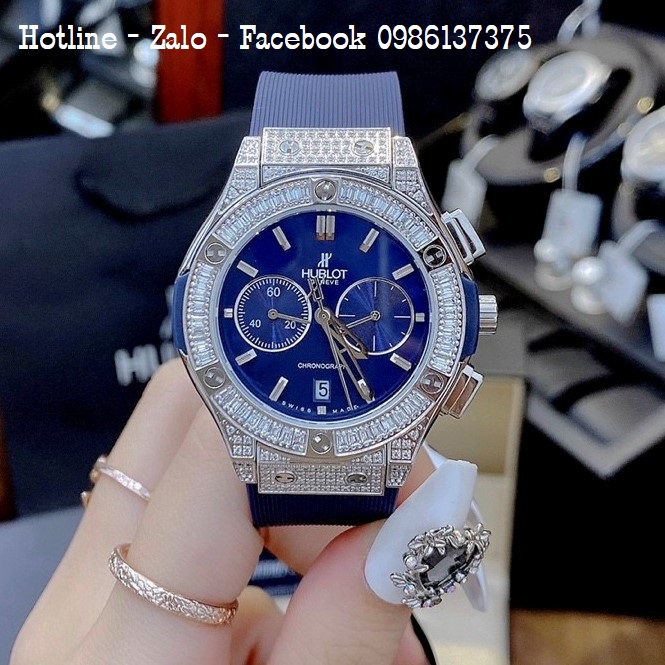 Đồng Hồ Nữ Hublot 5 Kim Đính Đá Dây Silicon Xanh 34mm - Silver