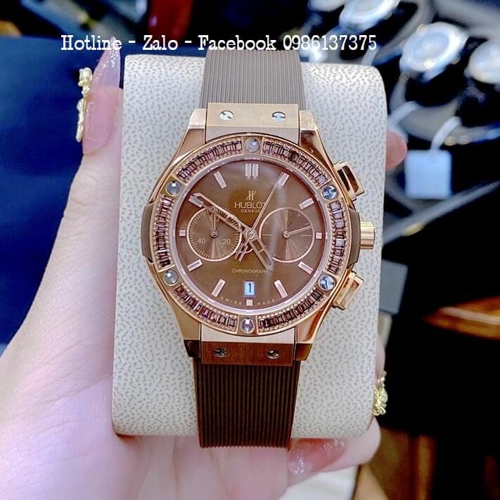 Đồng Hồ Nữ Hublot 5 Kim Đính Đá Dây Silicon Nâu 34mm - Rose Gold