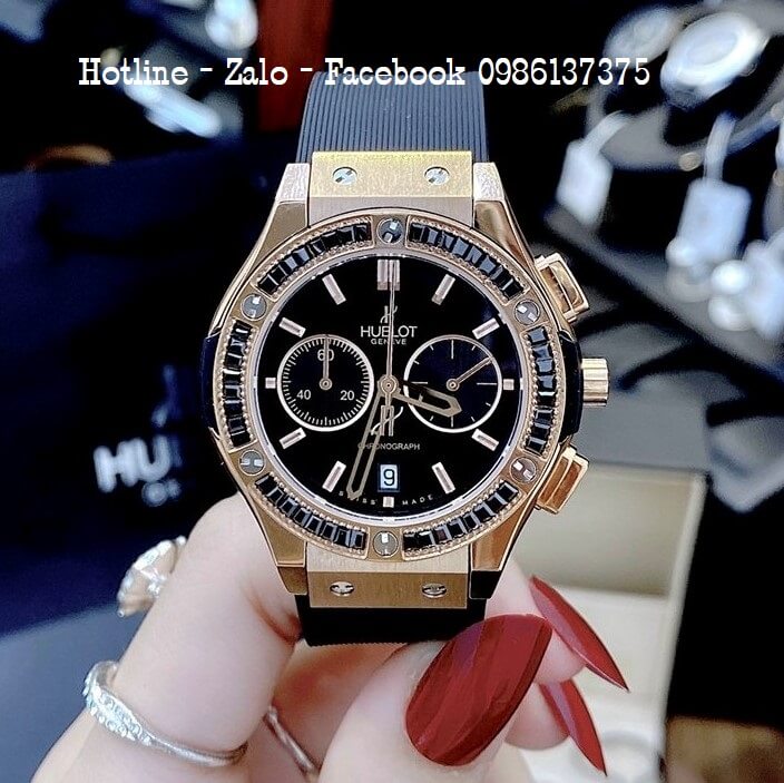 Đồng Hồ Nữ Hublot 5 Kim Đính Đá Đen Dây Silicon Đen 34mm - Rose Gold