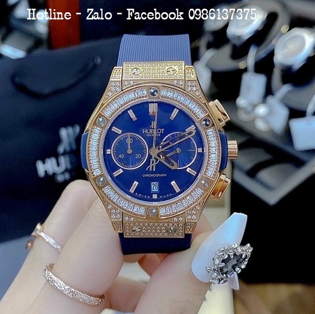 Đồng Hồ Nữ Hublot 5 Kim Đính Đá Dây Silicon Xanh 34mm - Rose Gold