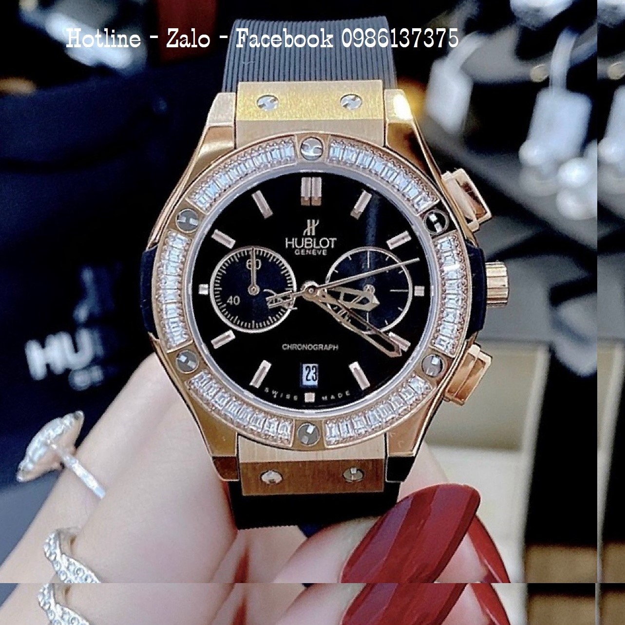 Đồng Hồ Nữ Hublot 5 Kim Đính Đá Dây Silicon Đen 34mm - Rose Gold