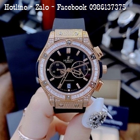 Đồng Hồ Nữ Hublot 5 Kim Đính Đá Dây Silicon Đen 34mm - Rose Gold