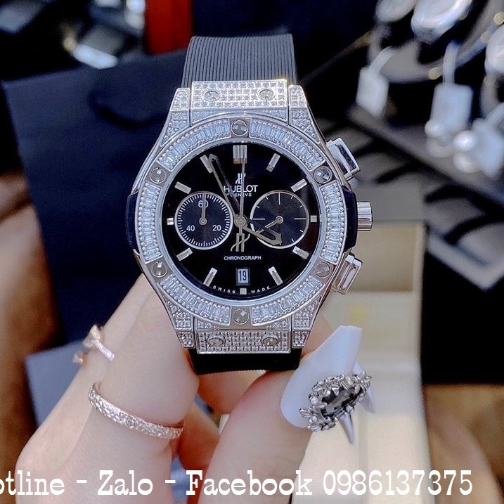 Đồng Hồ Nữ Hublot 5 Kim Đính Đá Dây Silicon Đen 34mm - Silver