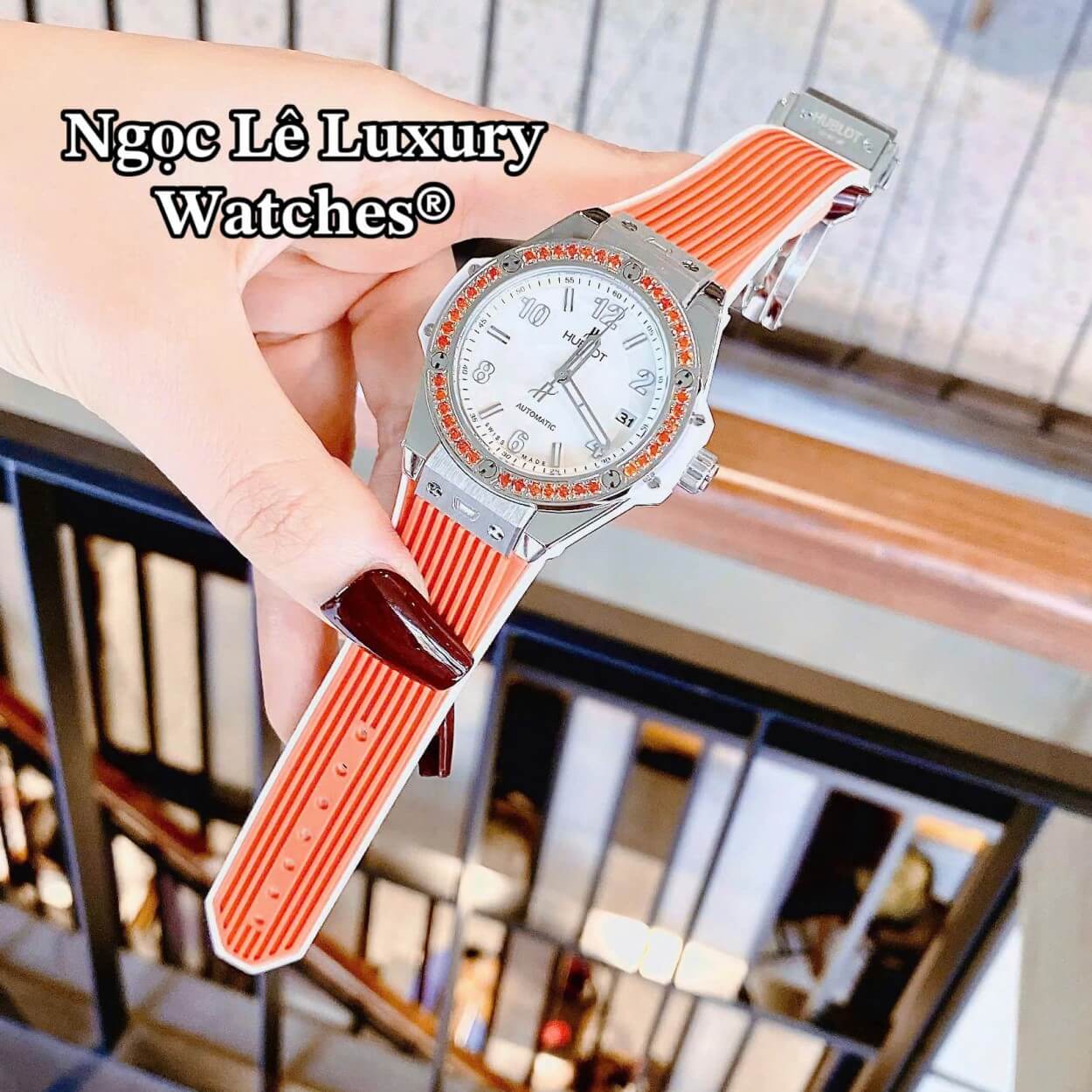 Đồng Hồ Nữ Hublot Big Bang Dây Cao Su Cam Đính Đá Màu Cam Size 39mm Vỏ Silver