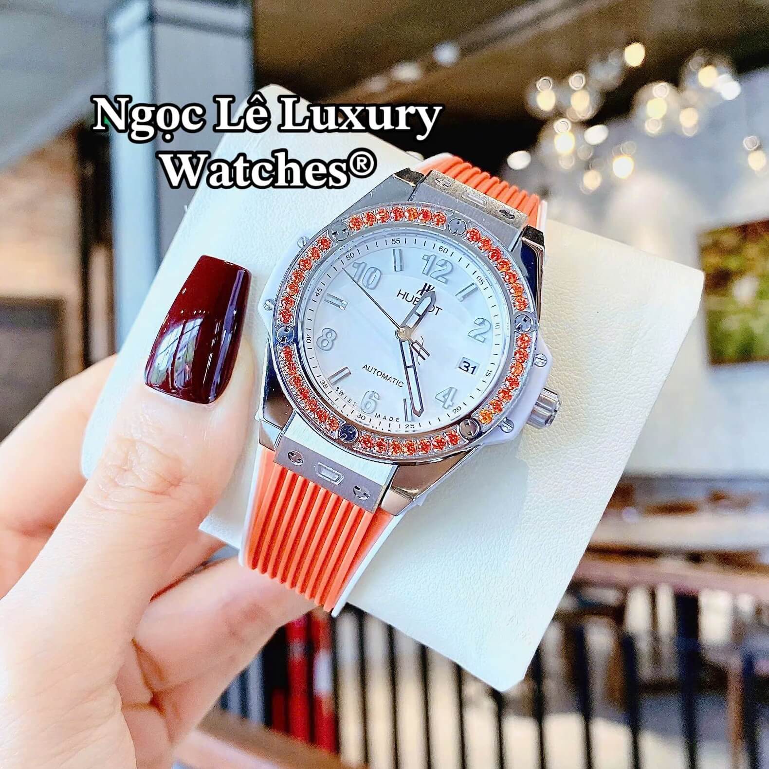 Đồng Hồ Nữ Hublot Big Bang Dây Cao Su Cam Đính Đá Màu Cam Size 39mm Vỏ Silver
