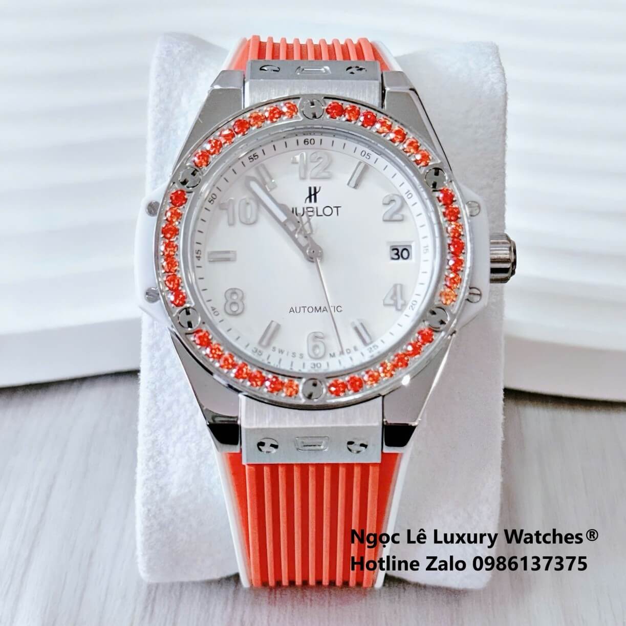Đồng Hồ Nữ Hublot Big Bang Dây Cao Su Cam Đính Đá Màu Cam Size 39mm Vỏ Silver
