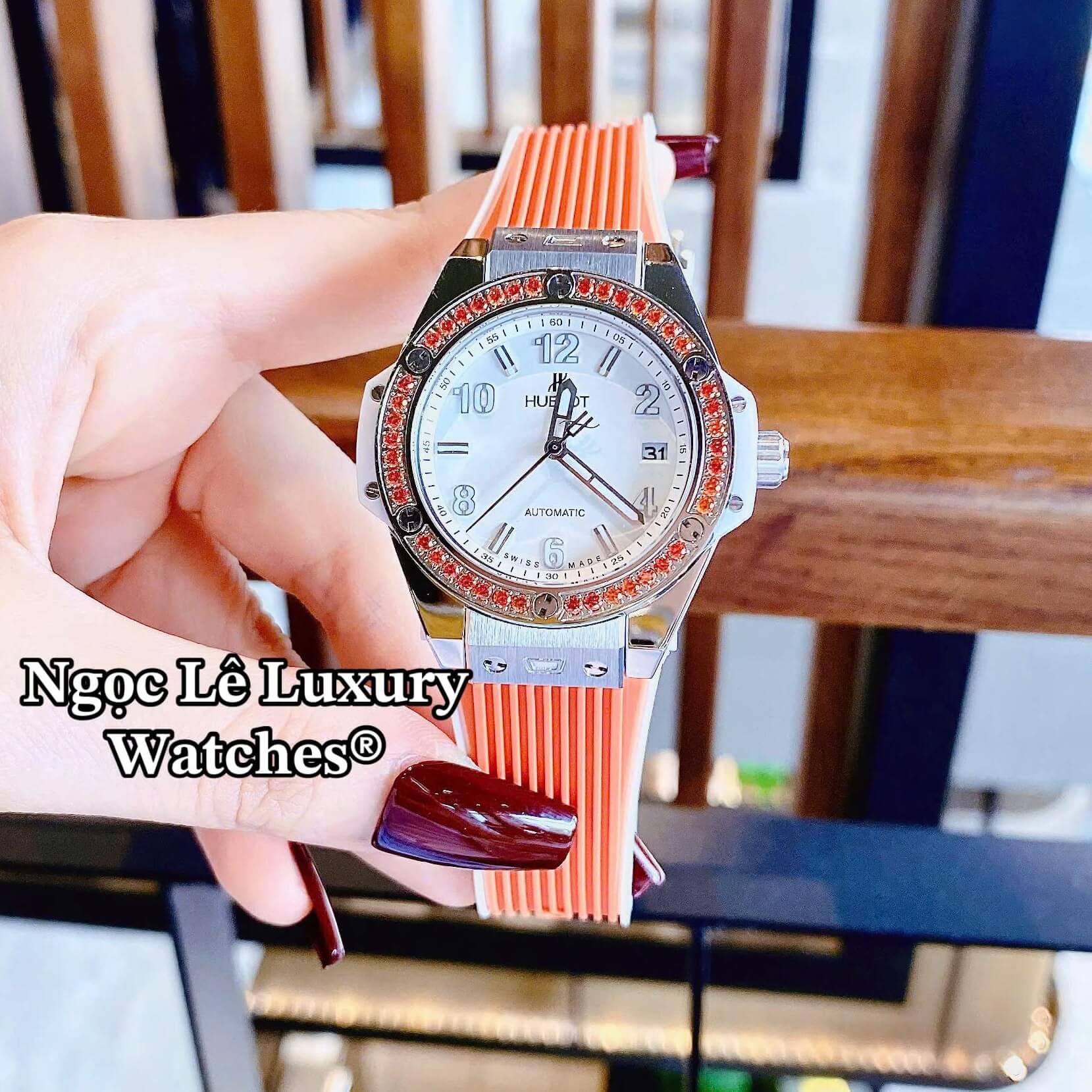 Đồng Hồ Nữ Hublot Big Bang Dây Cao Su Cam Đính Đá Màu Cam Size 39mm Vỏ Silver