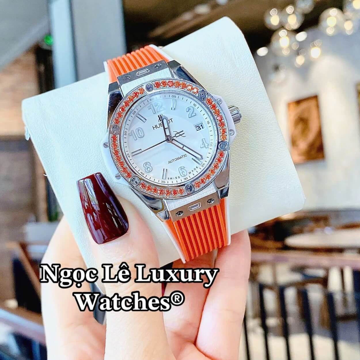 Đồng Hồ Nữ Hublot Big Bang Dây Cao Su Cam Đính Đá Màu Cam Size 39mm Vỏ Silver