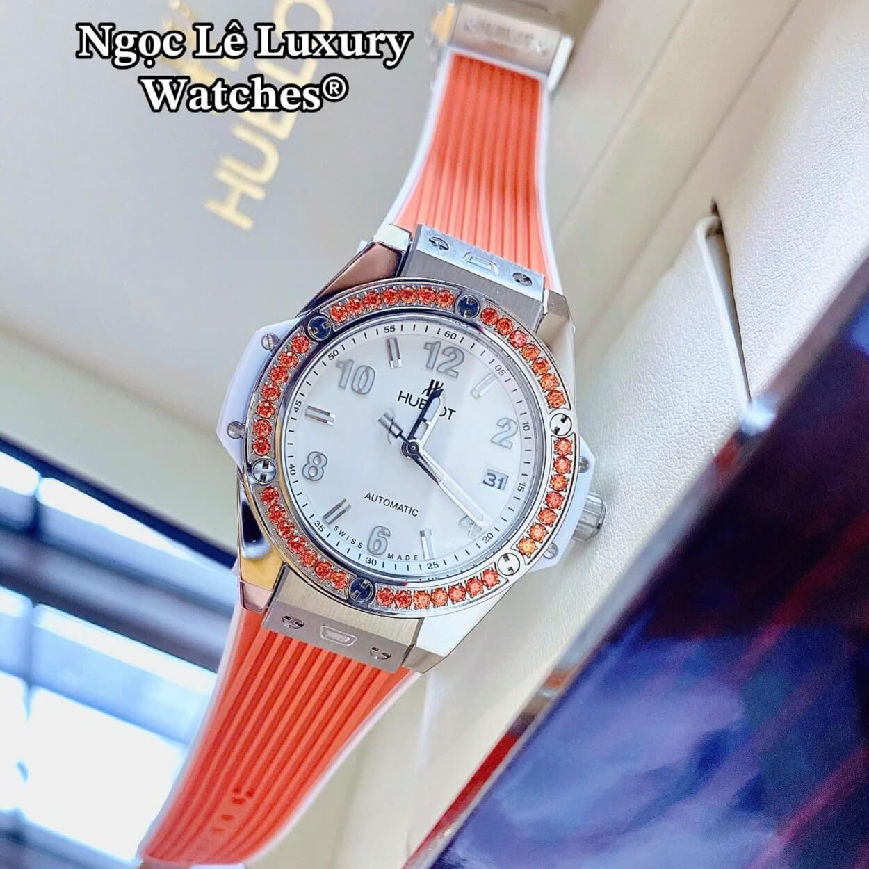 Đồng Hồ Nữ Hublot Big Bang Dây Cao Su Cam Đính Đá Màu Cam Size 39mm Vỏ Silver