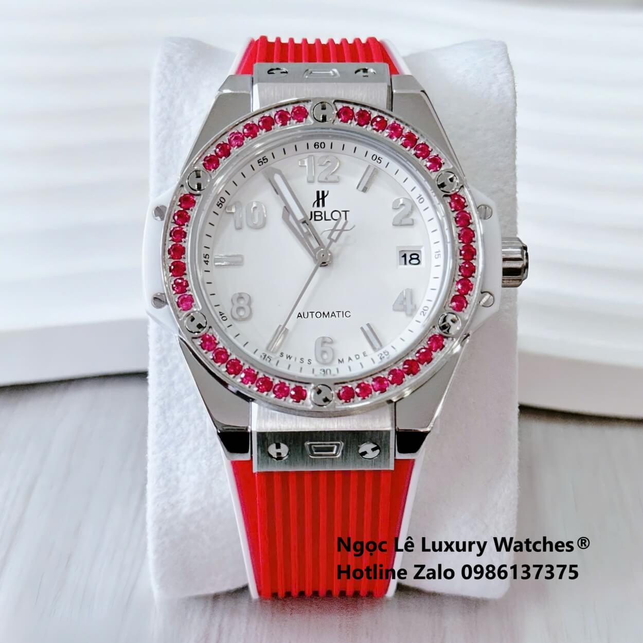 Đồng Hồ Nữ Hublot Big Bang Dây Cao Su Đỏ Viền Đá Hồng Size 39mm Vỏ Silver