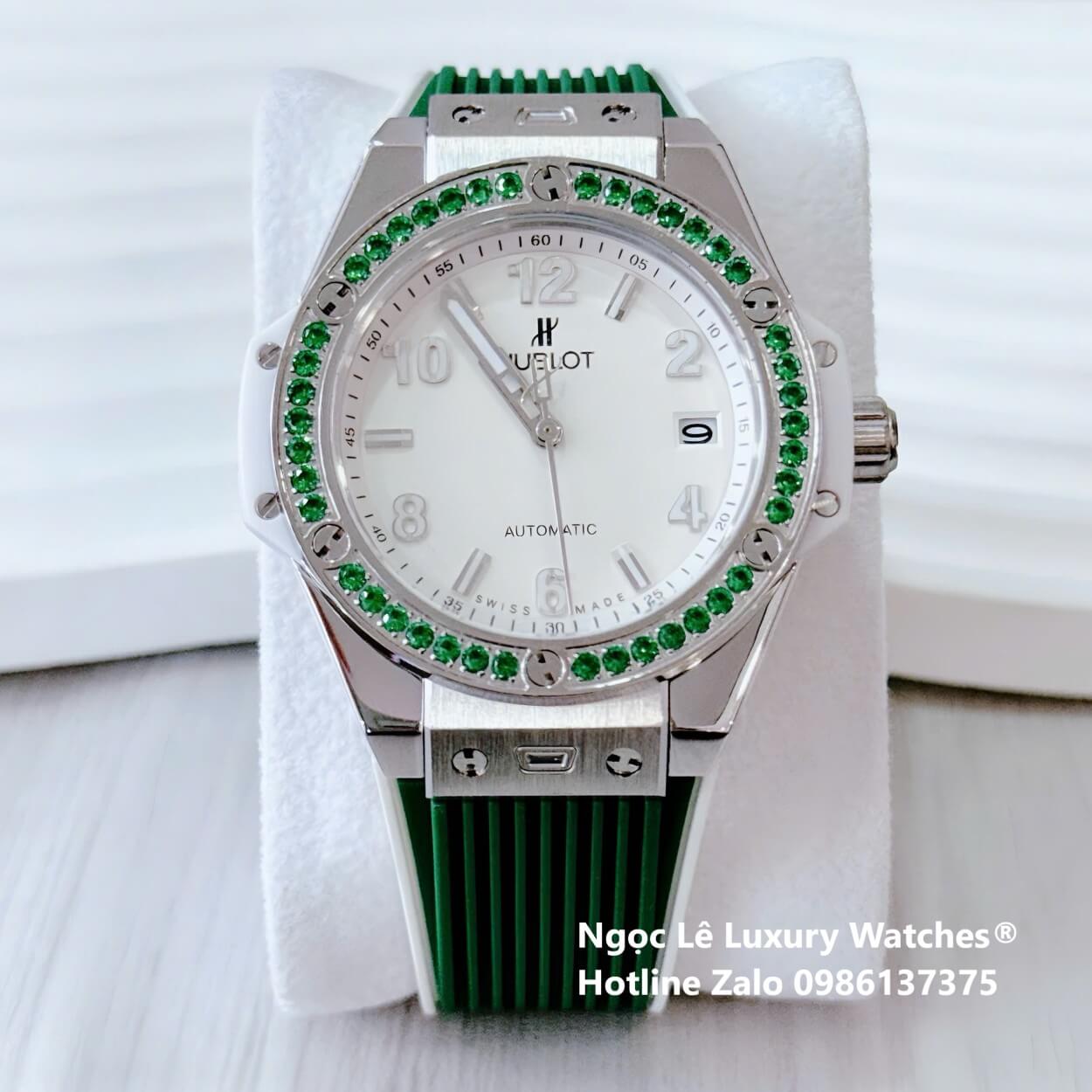 Đồng Hồ Nữ Hublot Big Bang Dây Cao Su Xanh Lá Đậm Đính Đá Cùng Tone Size 39mm Vỏ Silver