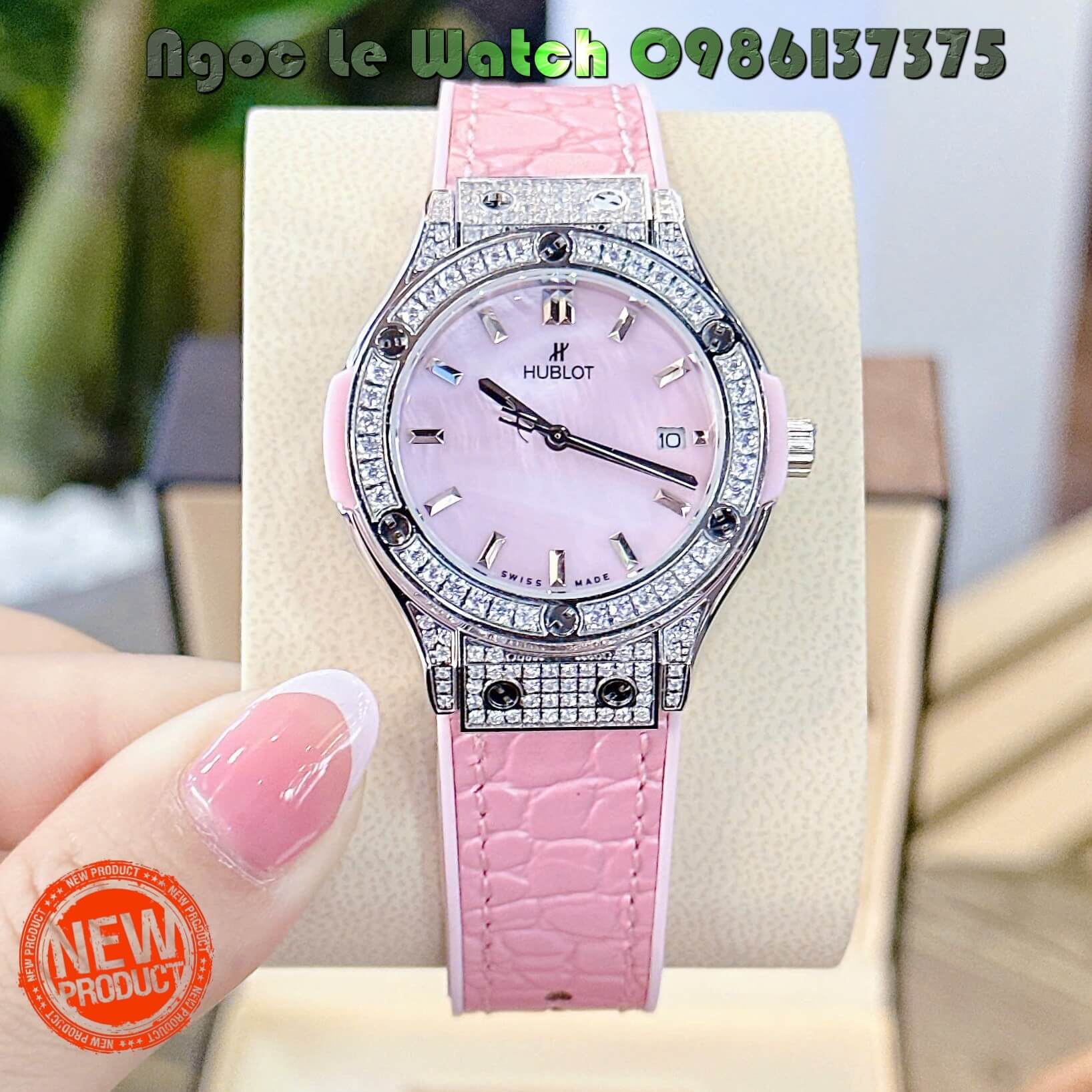 Đồng Hồ Nữ Hublot Classic Fusion Dây Cao Su Bọc Da Hồng Đính Đá Silver Size 34mm - Máy Quartz