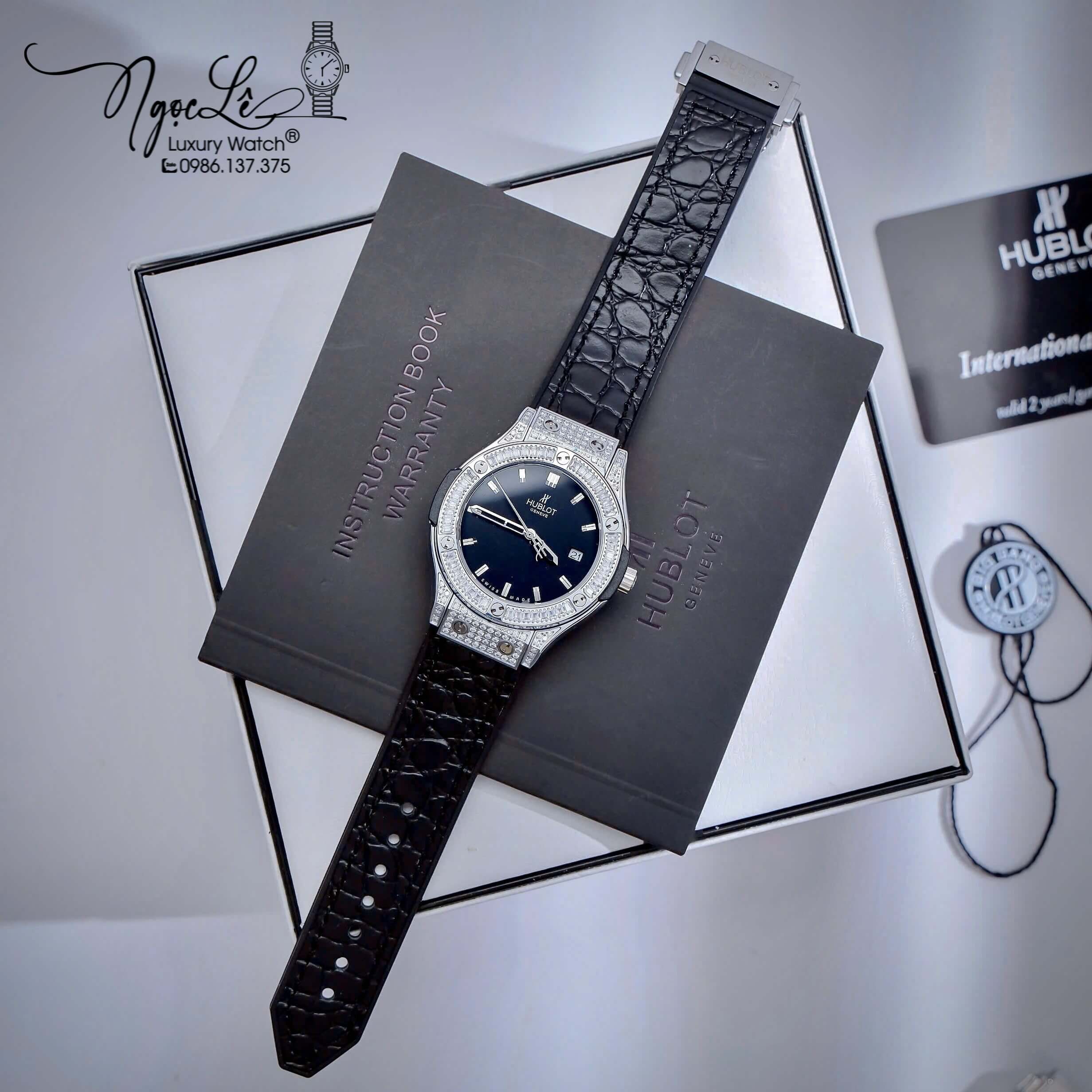 Đồng Hồ Nữ Hublot Classic Fusion Cao Su Bọc Da Màu Đen Đính Đá Vỏ Silver Size 34mm - Máy Quartz