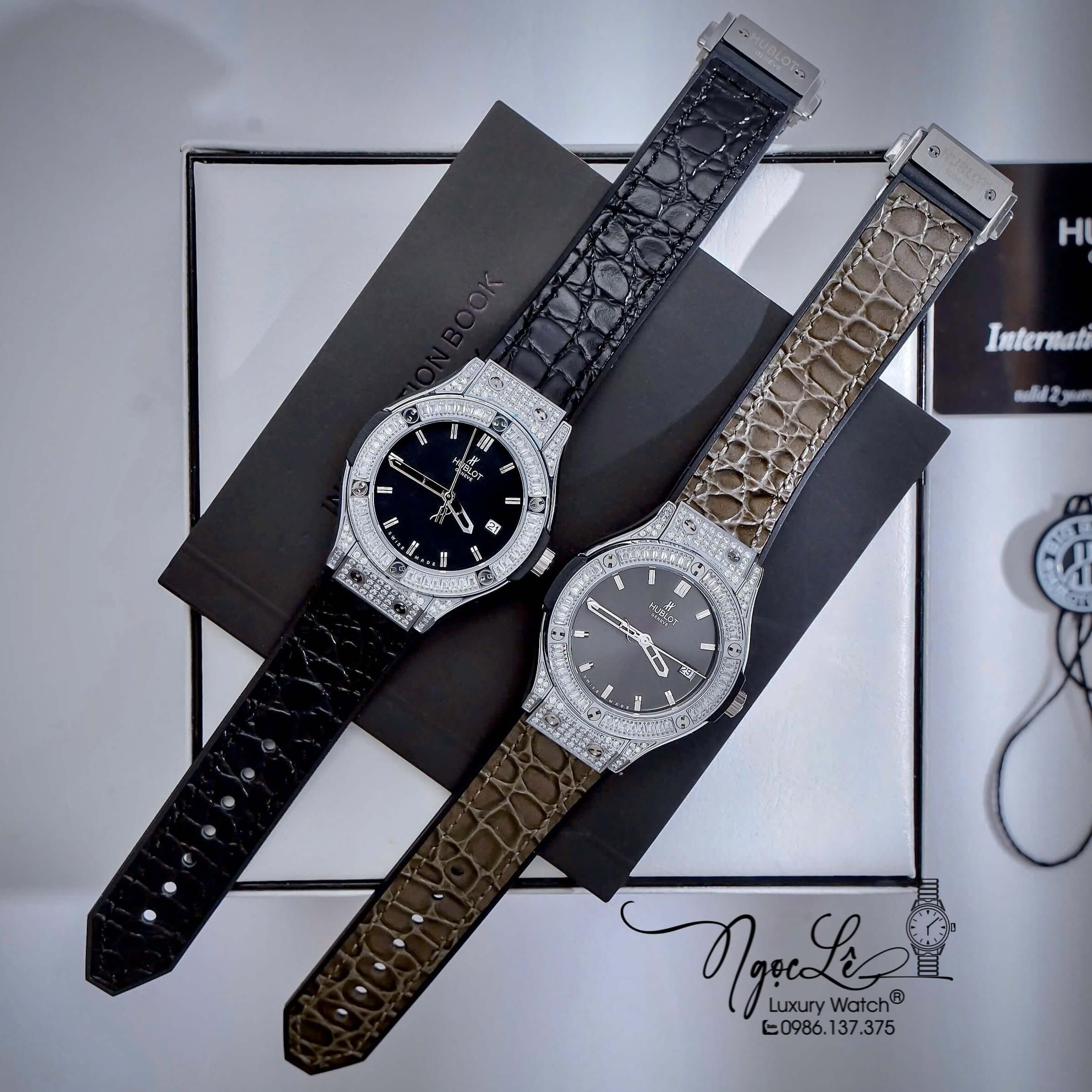 Đồng Hồ Nữ Hublot Classic Fusion Cao Su Bọc Da Màu Đen Đính Đá Vỏ Silver Size 34mm - Máy Quartz