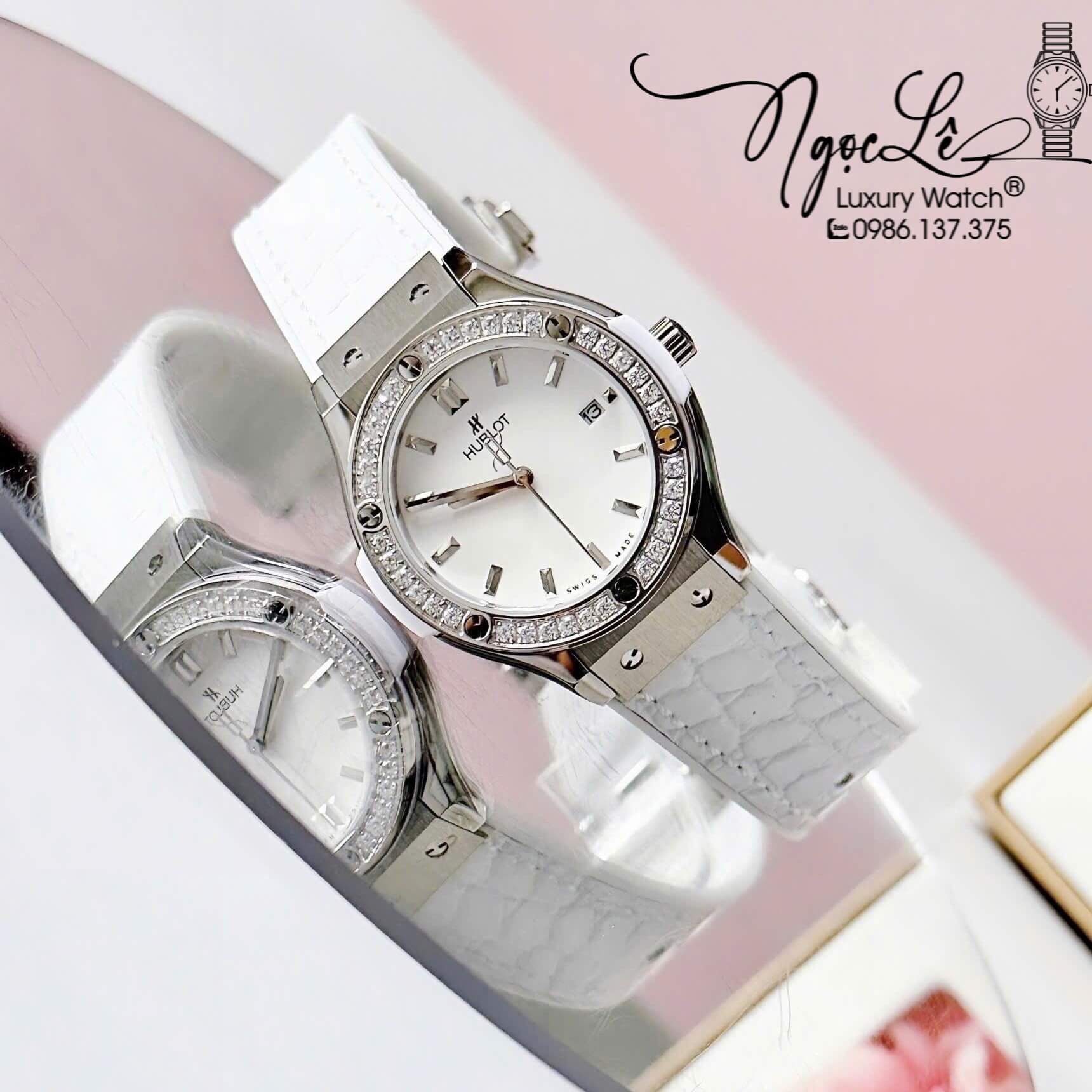 Đồng Hồ Nữ Hublot Classic Fusion Cao Su Bọc Da Trắng Đính Đá Silver Size 34mm - Máy Quartz