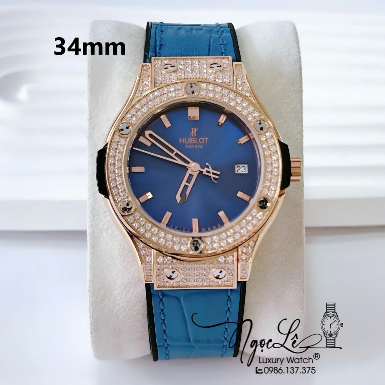 Đồng Hồ Nữ Hublot Classic Fusion Cao Su Bọc Da Xanh Dương Đính Đá Vỏ Rose Full Viền Size 34mm - Máy Quartz