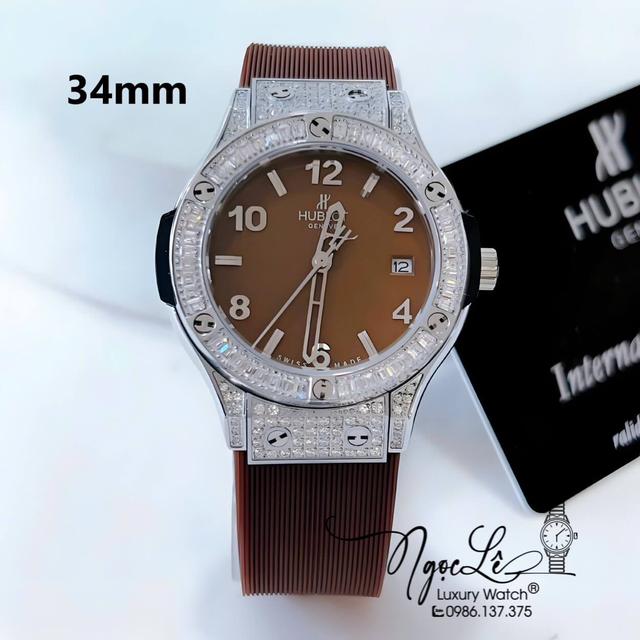 Đồng Hồ Nữ Hublot Classic Fusion Cao Su Màu Nâu Đính Đá Vỏ Silver Size 34mm - Máy Quartz