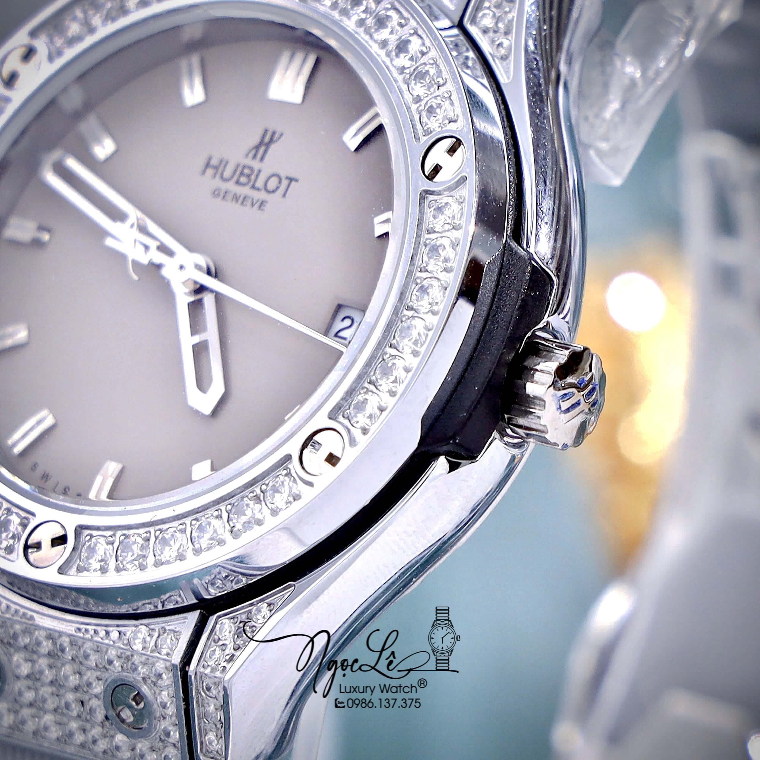 Đồng Hồ Nữ Hublot Classic Fusion Cao Su Xám Đính Đá Silver Size 34mm - Máy Quartz