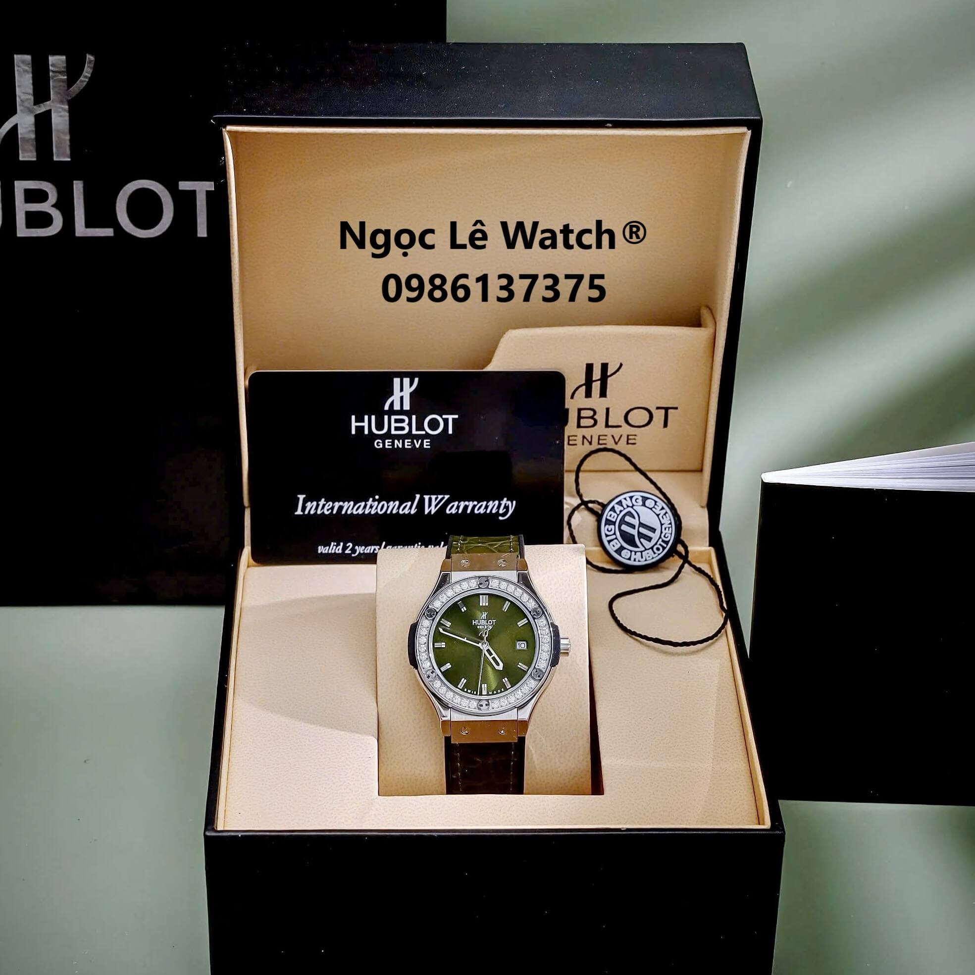 Đồng Hồ Nữ Hublot Classic Fusion Dây Cao Su Bọc Da Màu Xanh Rêu Đính Đá Silver Size 34mm - Máy Quartz