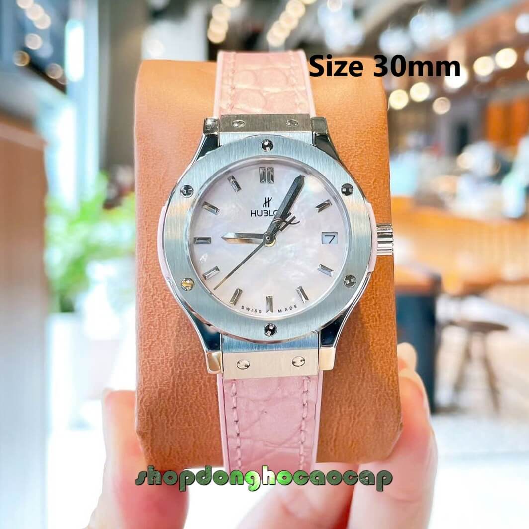 Đồng Hồ Nữ Hublot Classic Fusion Dây Cao Su Hồng Pastel Viền Trơn Size 30mm Máy Pin Miyota Nhật - Vỏ Silver