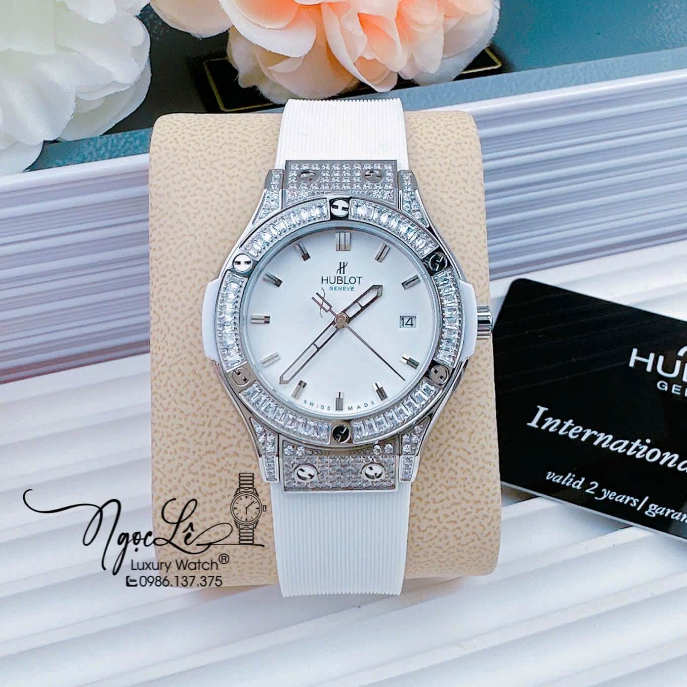 Đồng Hồ Nữ Hublot Classic Fusion Dây Cao Su Trắng Đính Đá Ống Full Viền Size 34mm - Máy Quartz