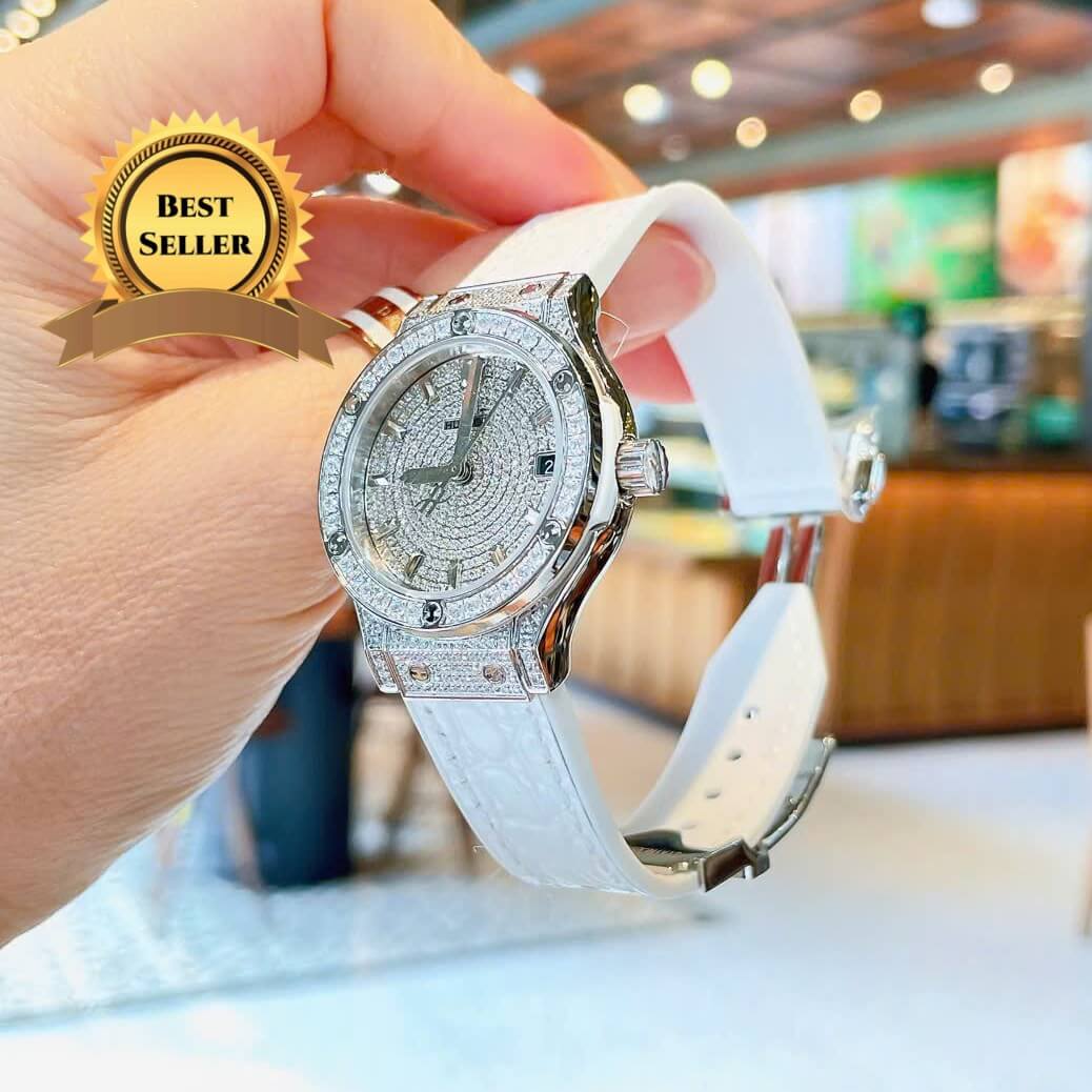 Đồng Hồ Nữ Hublot Classic Fusion Dây Cao Su Trắng Đính Đá Size 30mm Máy Pin Miyota Nhật - Vỏ Silver