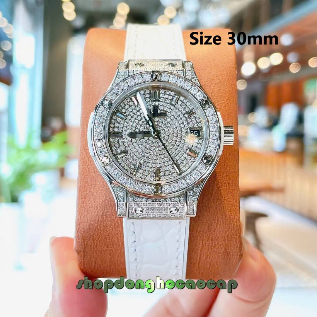 Đồng Hồ Nữ Hublot Classic Fusion Dây Cao Su Trắng Đính Đá Size 30mm Máy Pin Miyota Nhật - Vỏ Silver