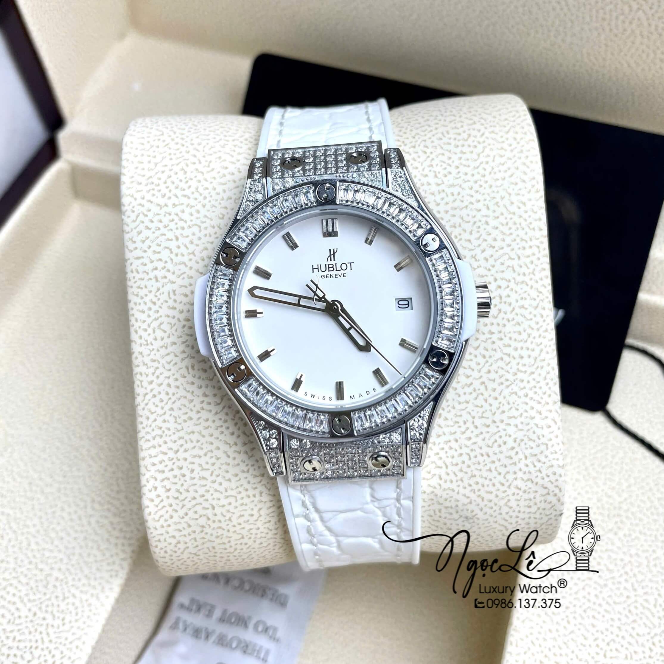Đồng Hồ Nữ Hublot Classic Fusion Dây Da Trắng Đính Đá Ống Full Viền Size 34mm - Máy Quartz