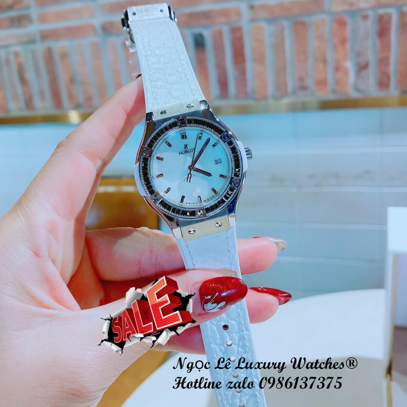 Đồng Hồ Nữ Hublot Classic Fusion Dây Da Trắng Viền Đá Đen Vỏ Silver Size 34mm - Máy Quartz