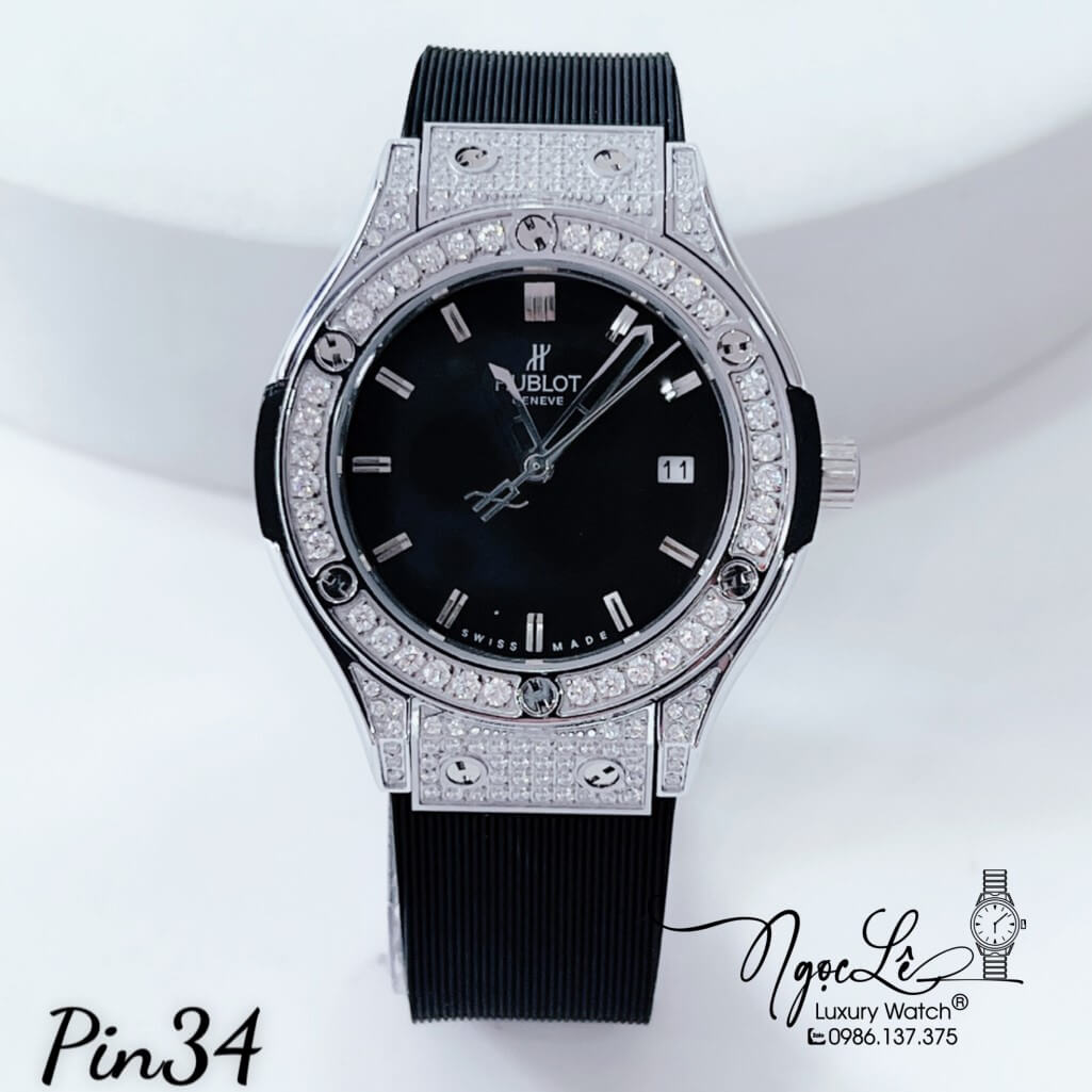 Đồng Hồ Nữ Hublot Classic Fusion Dây Silicon Màu Đen Đính Đá Tròn 34mm