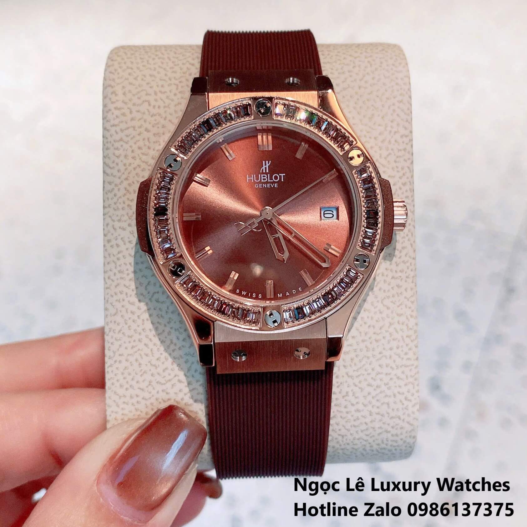 Đồng Hồ Nữ Hublot Classic Fusion Màu Nâu Viền Đá Nâu Rose Gold Size 34mm - Máy Quartz