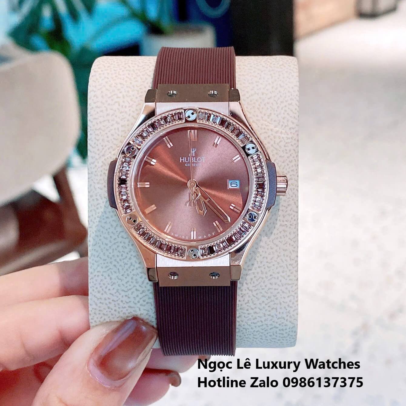 Đồng Hồ Nữ Hublot Classic Fusion Màu Nâu Viền Đá Nâu Rose Gold Size 34mm - Máy Quartz