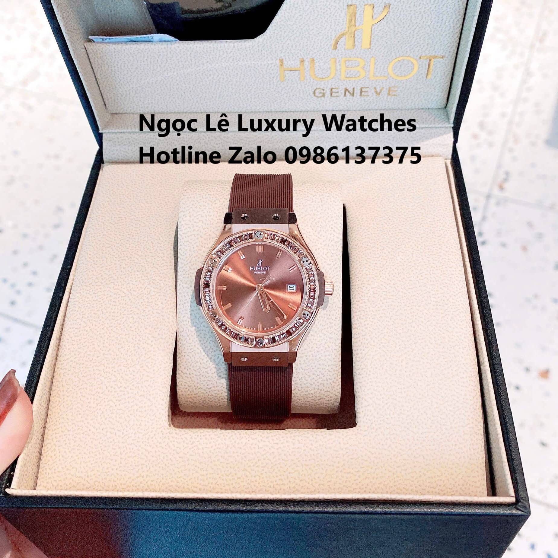 Đồng Hồ Nữ Hublot Classic Fusion Màu Nâu Viền Đá Nâu Rose Gold Size 34mm - Máy Quartz