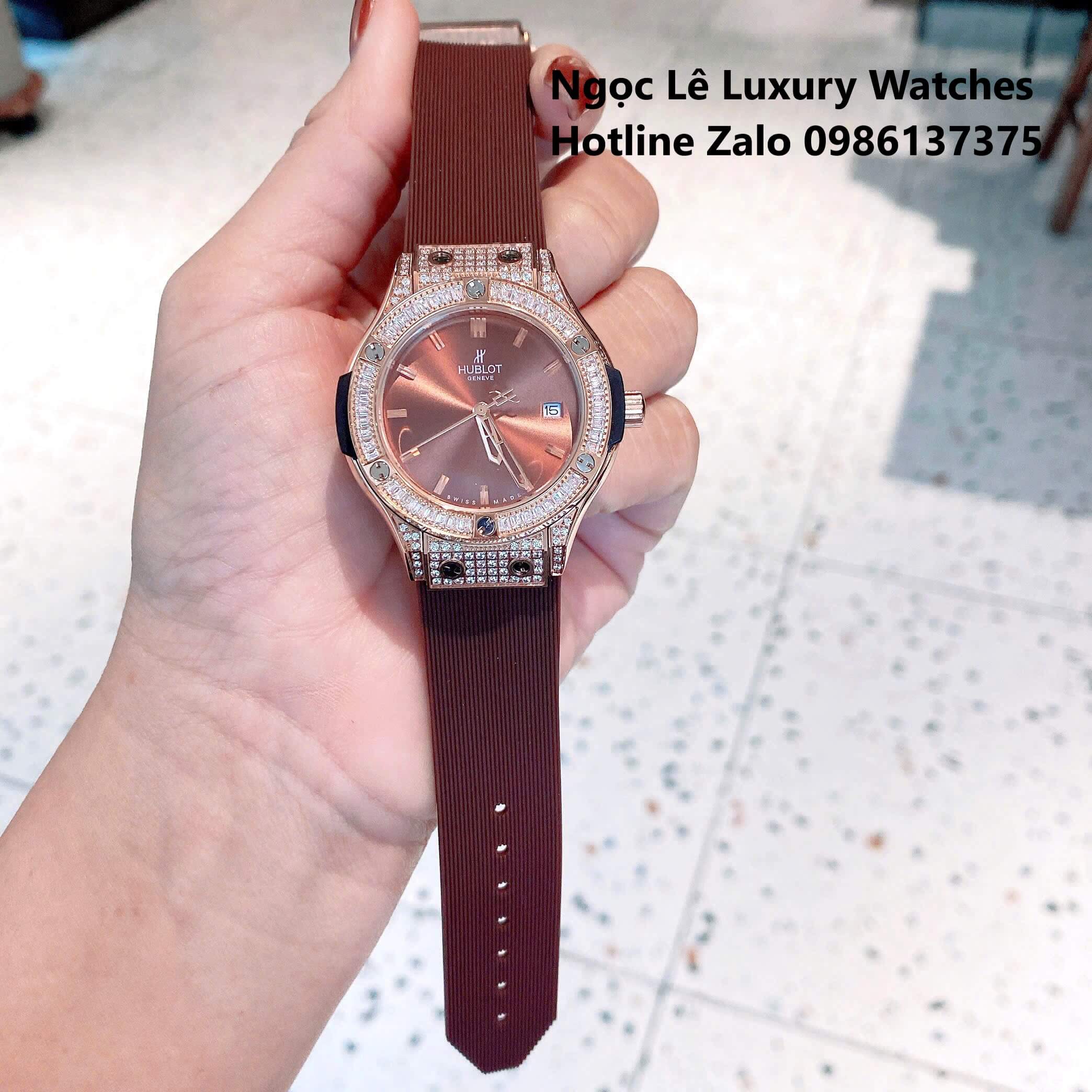 Đồng Hồ Nữ Hublot Classic Fusion Màu Nâu Viền Đá Rose Gold Size 34mm - Máy Quartz