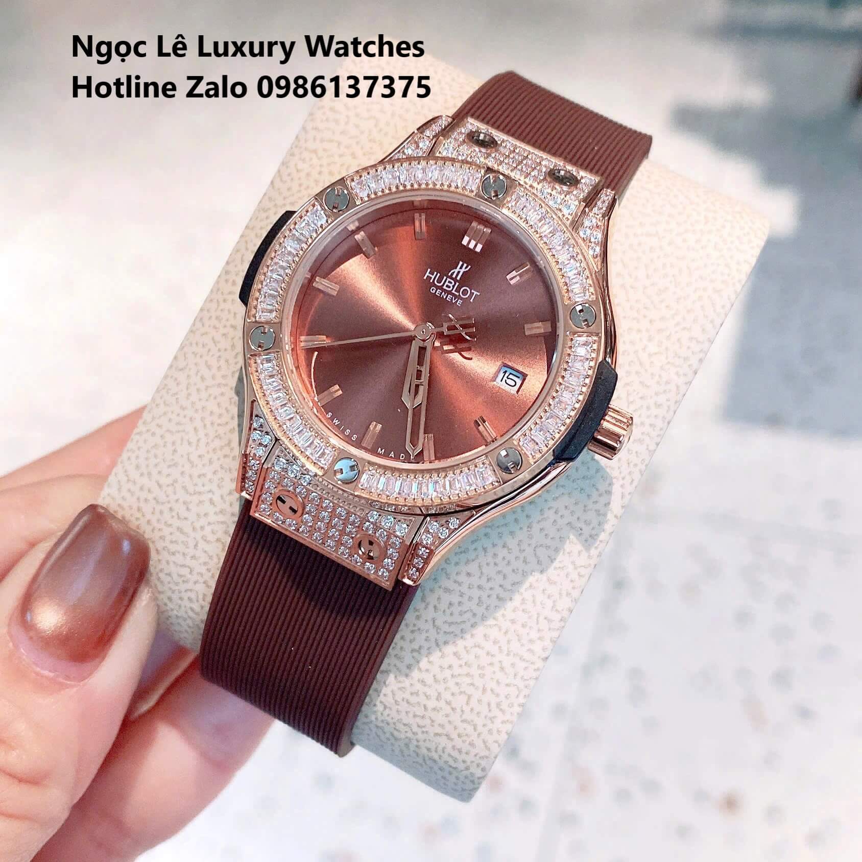 Đồng Hồ Nữ Hublot Classic Fusion Màu Nâu Viền Đá Rose Gold Size 34mm - Máy Quartz