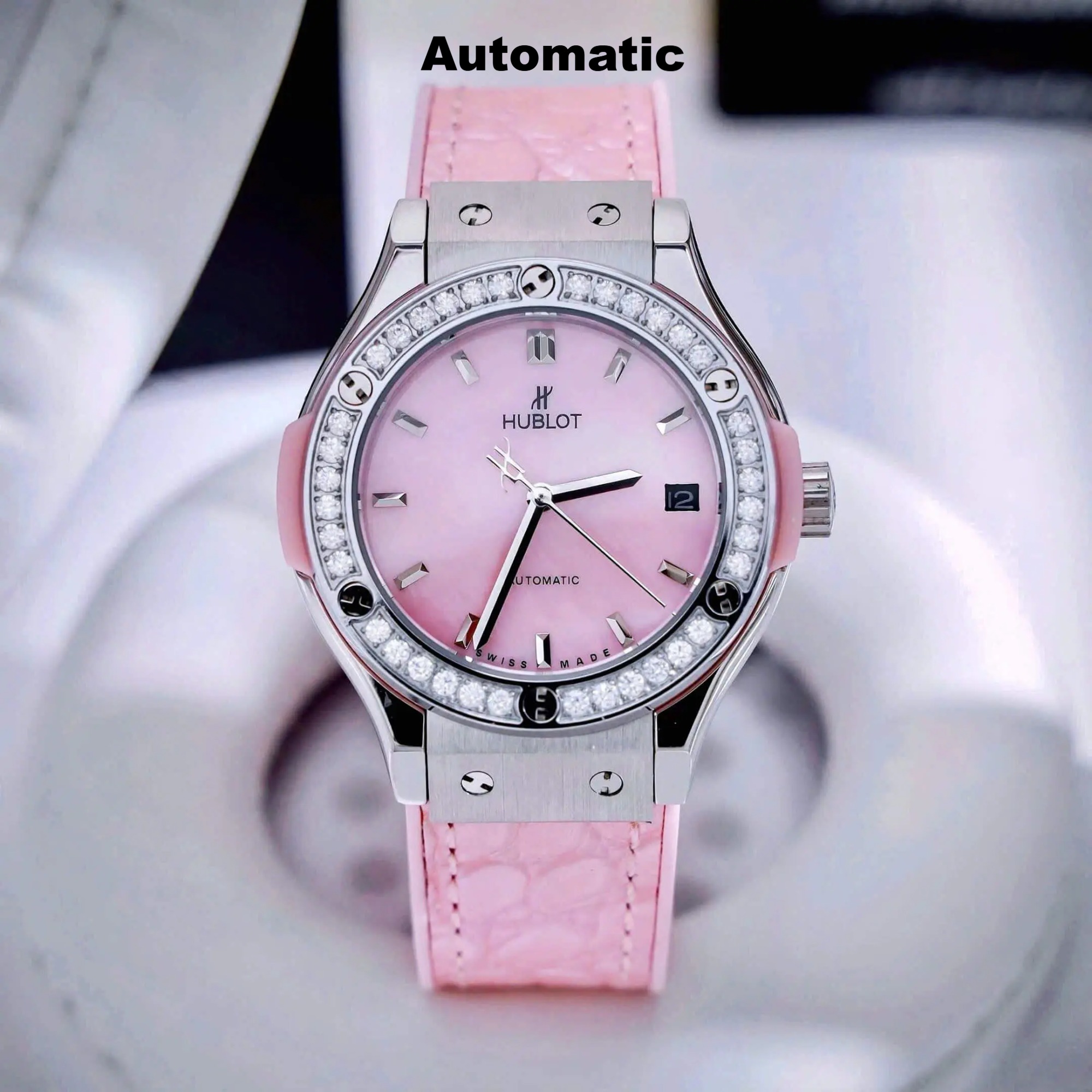 Đồng Hồ Hublot Nữ Classic Fusion Automatic Dây Cao Su Bọc Da Màu Hồng Size 34mm