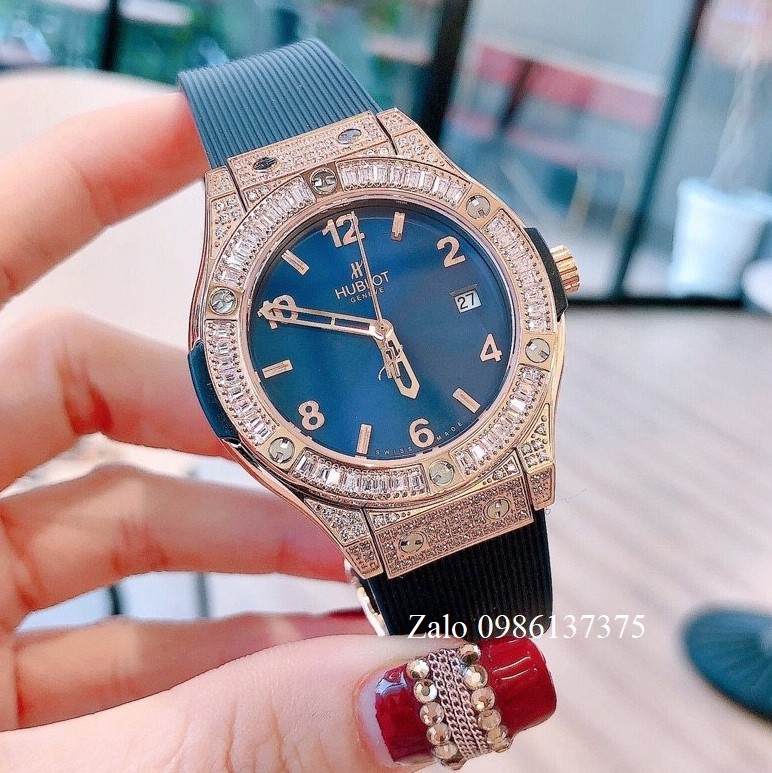 Đồng Hồ Hublot Nữ Silicon Xanh Mặt Xanh 34mm (Rose Gold)