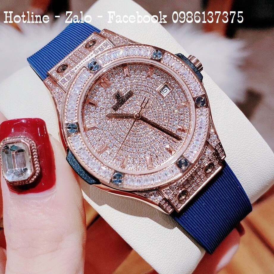 Đồng Hồ Nữ Hublot Đính Full Đá Silicon Xanh 34mm Rose Gold