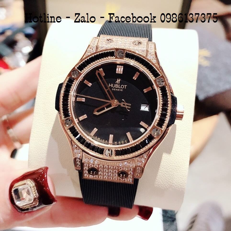 Đồng Hồ Nữ Hublot Đính Đá Đen Silicon Đen 34mm - Silver