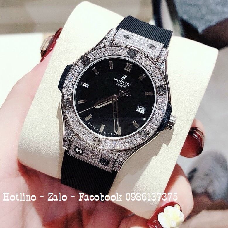 Đồng Hồ Nữ Hublot Đính Đá Xanh Silicon Đen 34mm - Silver