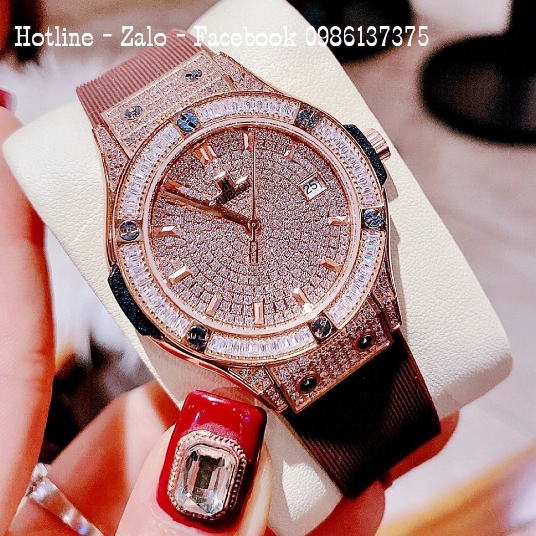 Đồng Hồ Nữ Hublot Đính Full Đá Silicon Nâu 34mm Rose Gold