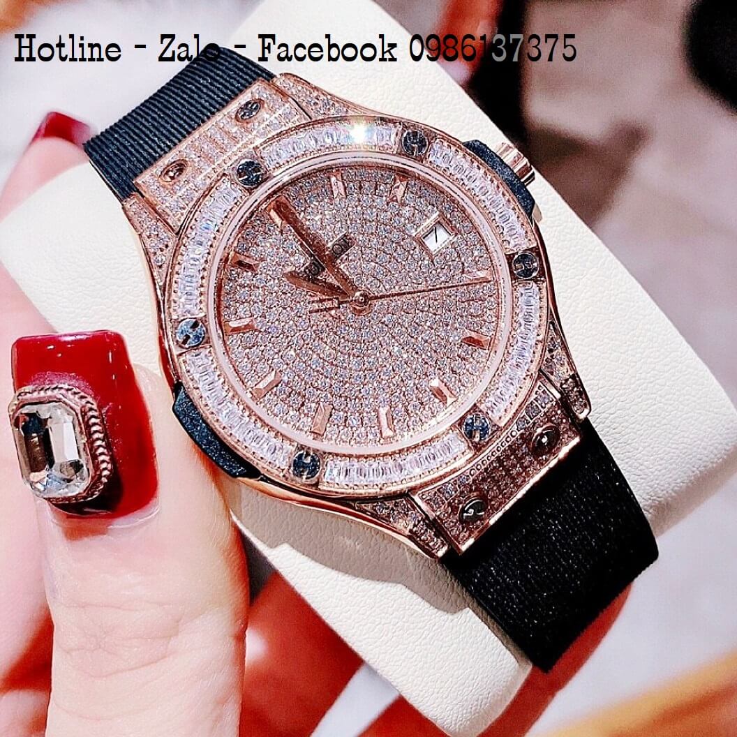 Đồng Hồ Nữ Hublot Đính Full Đá Silicon Đen 34mm Rose Gold