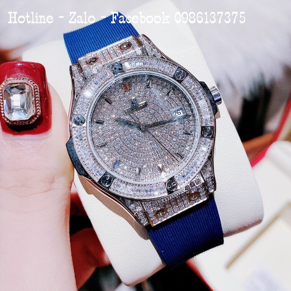 Đồng Hồ Nữ Hublot Đính Full Đá Silicon Xanh 34mm Silver