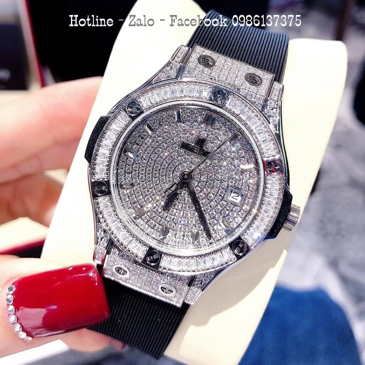 Đồng Hồ Nữ Hublot Đính Full Đá Silicon Đen 34mm Silver