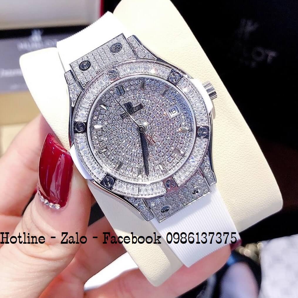 Đồng Hồ Nữ Hublot Đính Full Đá Silicon Trắng 34mm Silver