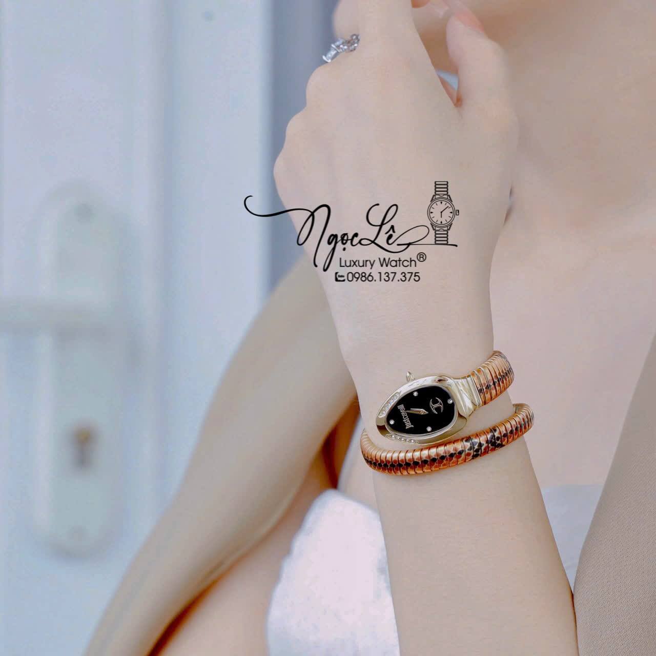Đồng Hồ Nữ Just Cavalli Rắn Quấn Vòng Dây Kim Loại Màu Vàng Mặt Đen Size 23mm