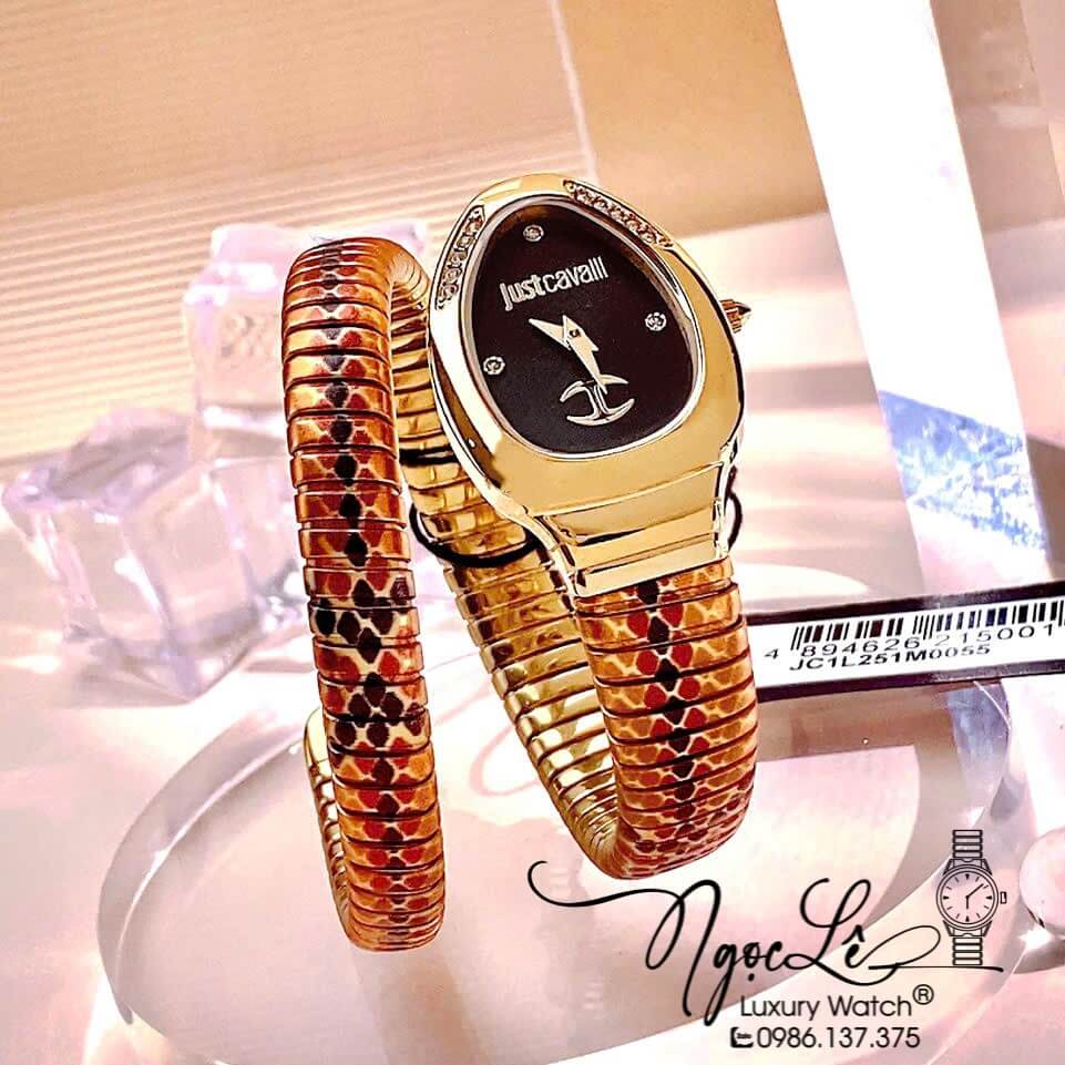Đồng Hồ Nữ Just Cavalli Rắn Quấn Vòng Dây Kim Loại Màu Vàng Mặt Đen Size 23mm