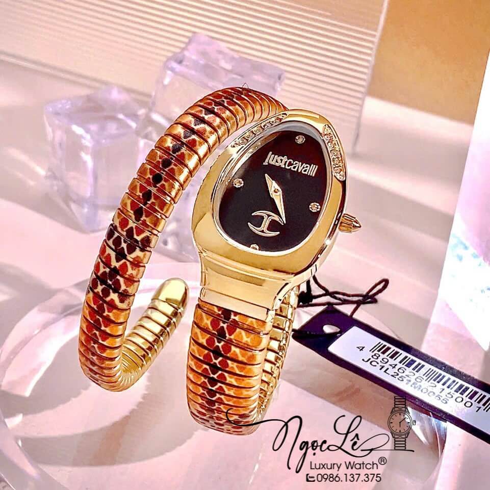 Đồng Hồ Nữ Just Cavalli Rắn Quấn Vòng Dây Kim Loại Màu Vàng Mặt Đen Size 23mm
