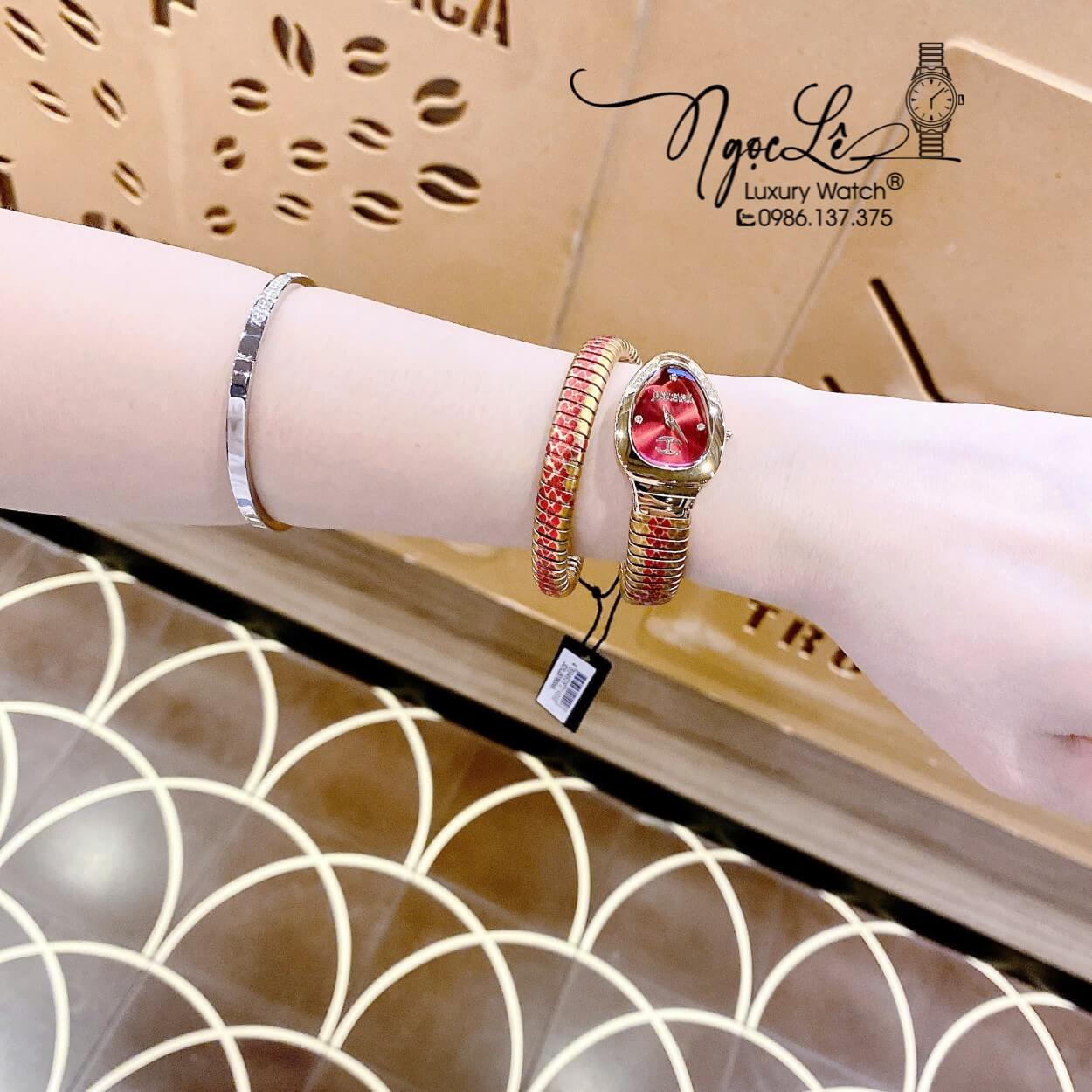 Đồng Hồ Nữ Just Cavalli Rắn Quấn Vòng Dây Kim Loại Màu Vàng Mix Đỏ Size 23mm